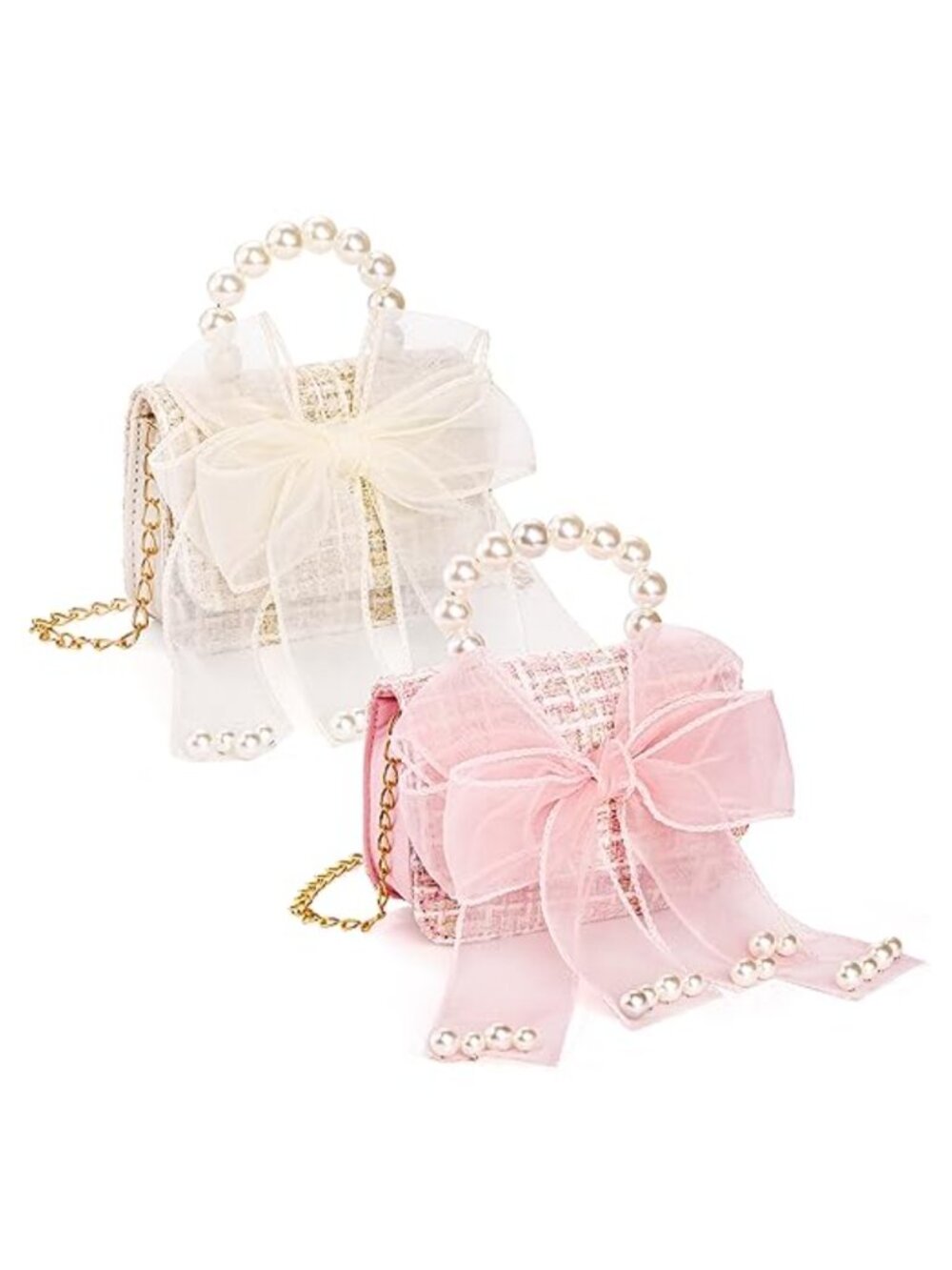 2 Pack Mini Crossbody Purse for Girls with Pearl Handle Detachable Gold Chain